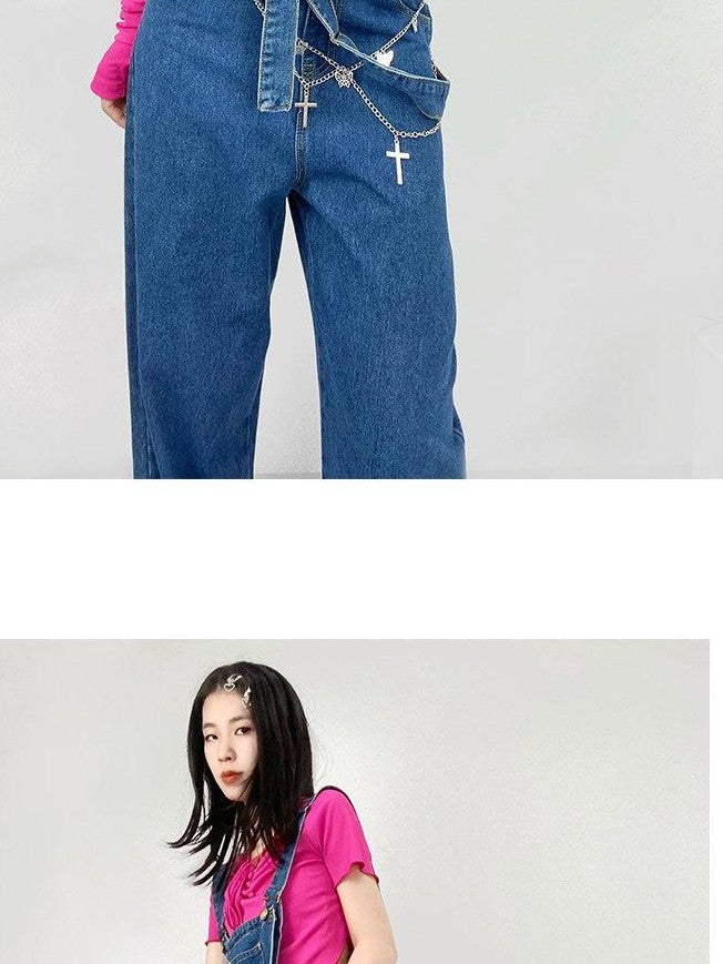 REDDACHIC Vintage Strap Overalls High Waist Side Slit Women'S Washed Denim Wide-Leg Jeans