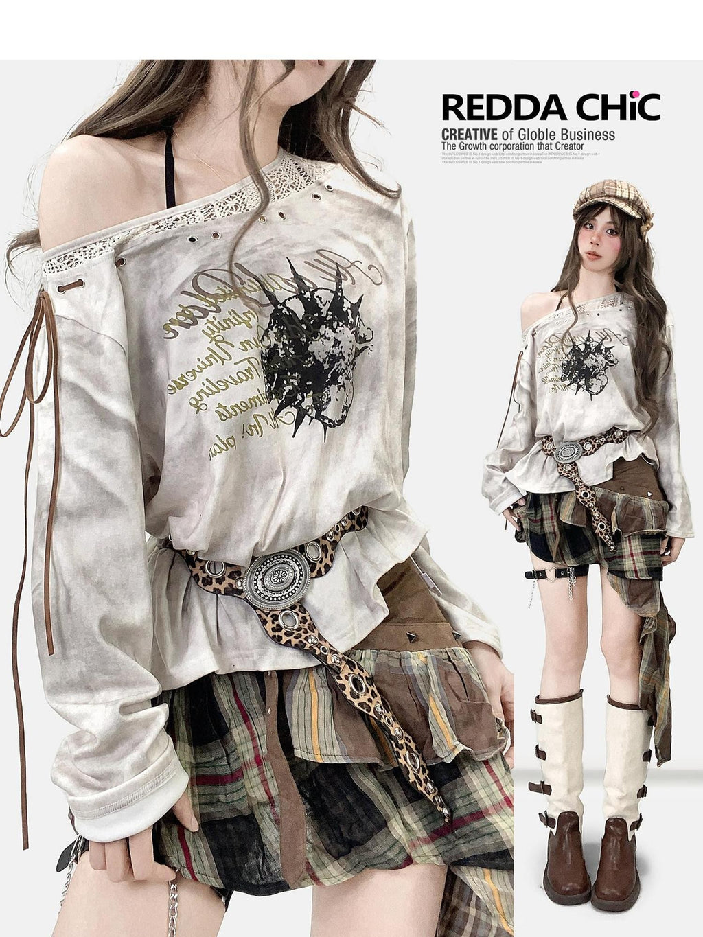 REDDACHIC Vintage Tie Dye Print Tie Detail Asymmetric Neckline Women'S Loose Long Sleeve T-Shirts