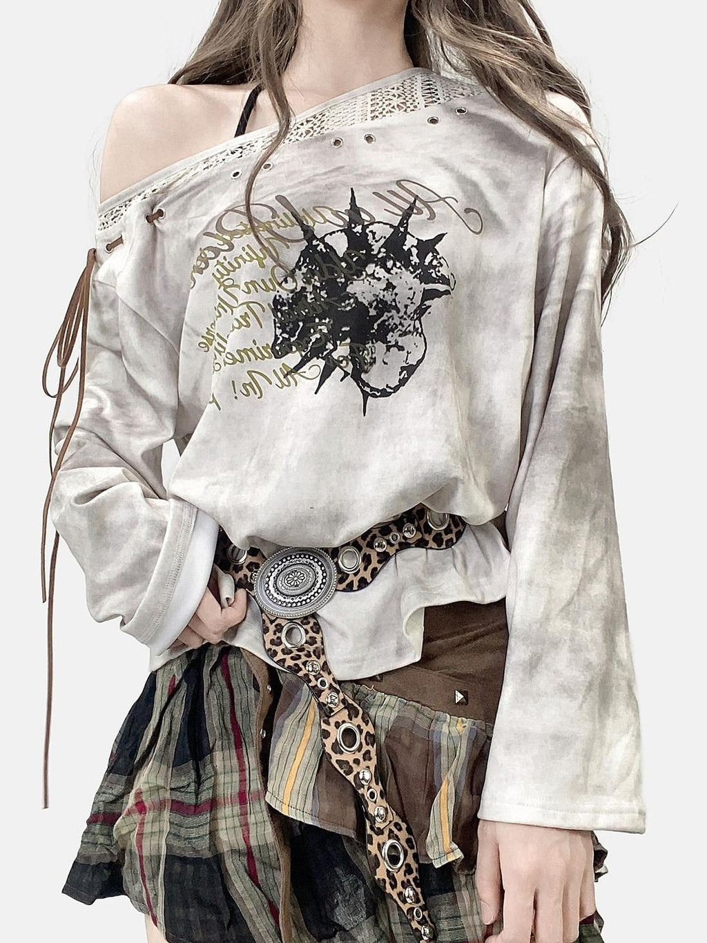 REDDACHIC Vintage Tie Dye Print Tie Detail Asymmetric Neckline Women'S Loose Long Sleeve T-Shirts