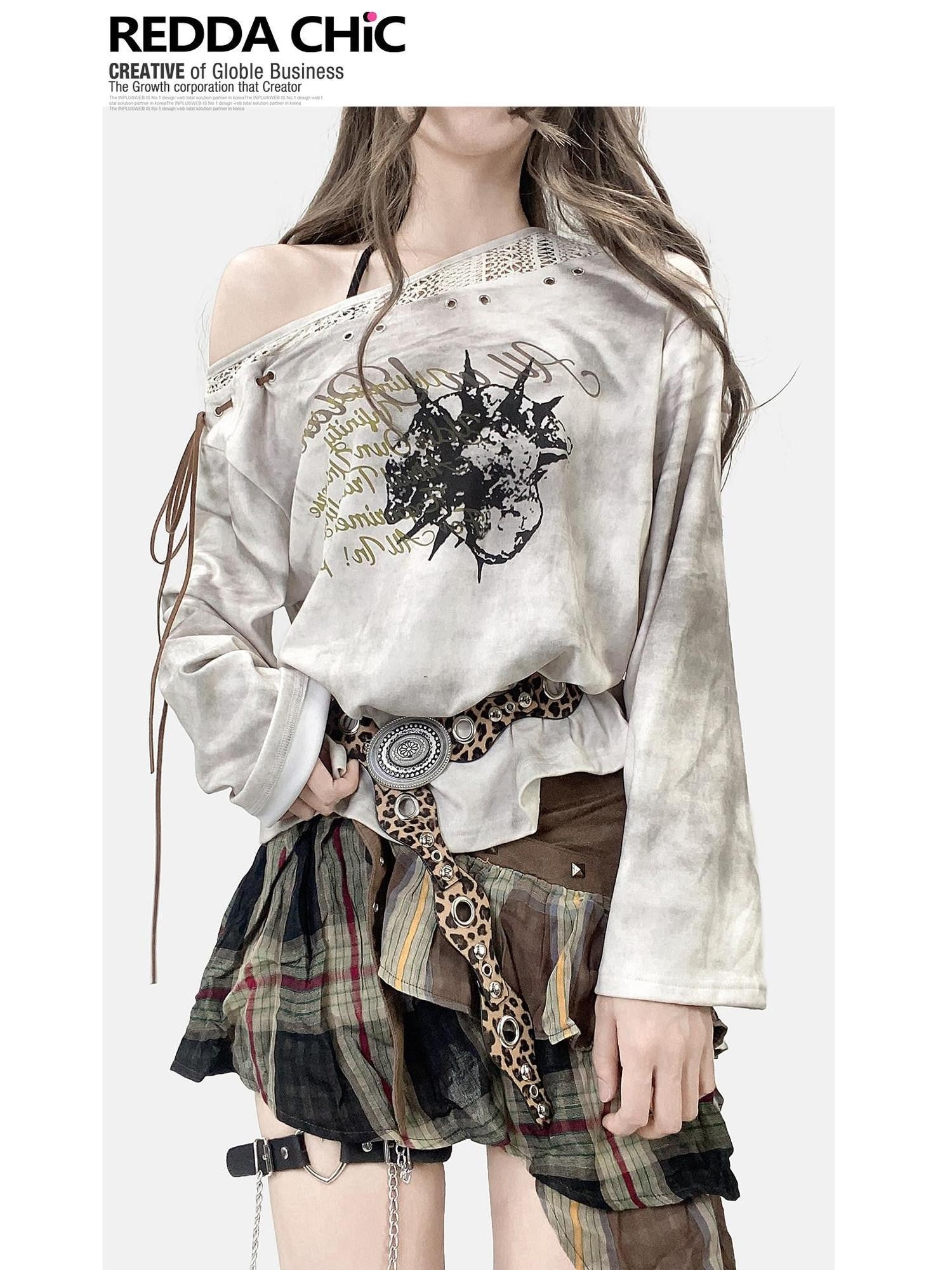 REDDACHIC Vintage Tie Dye Print Tie Detail Asymmetric Neckline Women'S Loose Long Sleeve T-Shirts