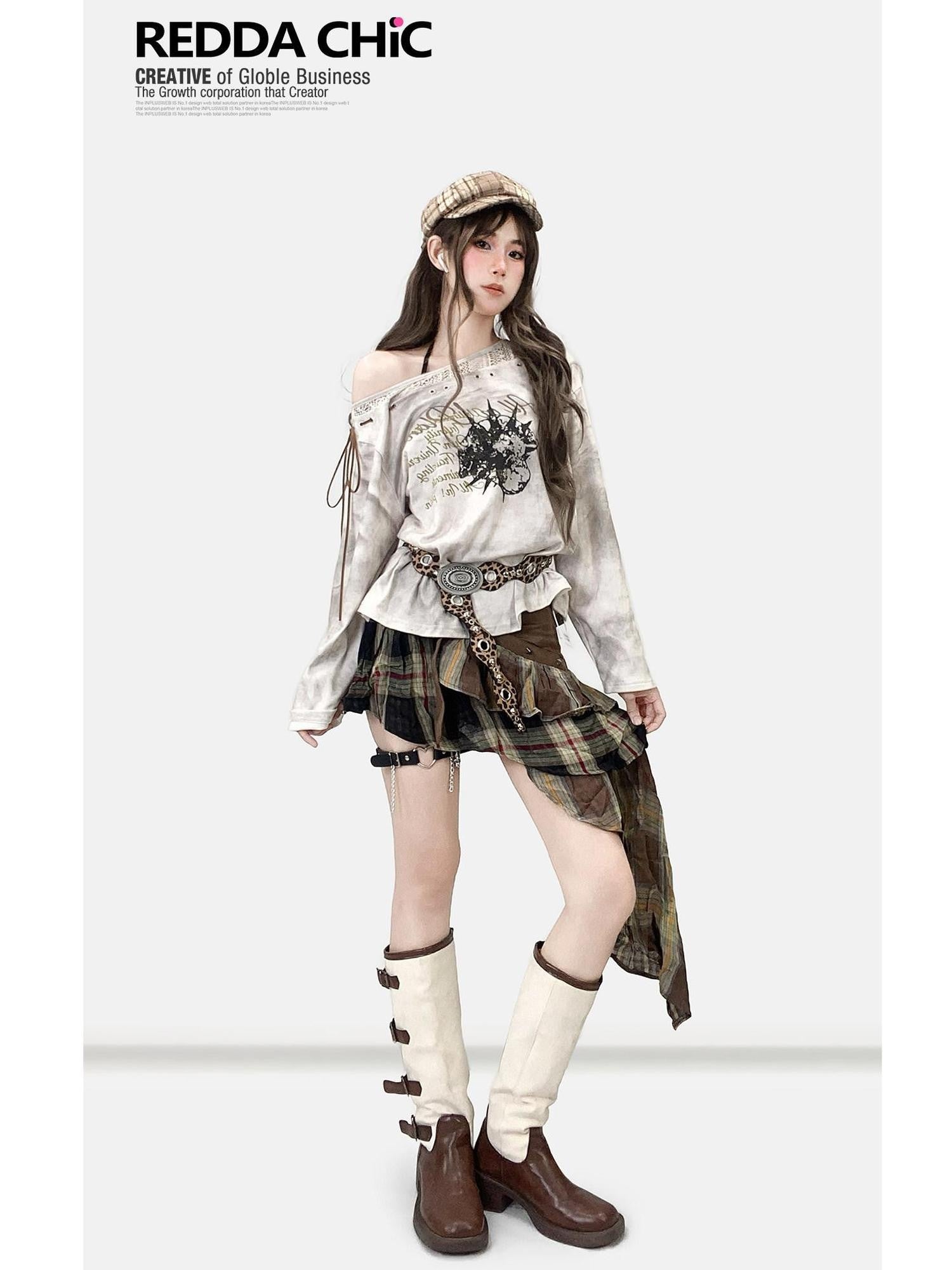 REDDACHIC Vintage Tie Dye Print Tie Detail Asymmetric Neckline Women'S Loose Long Sleeve T-Shirts