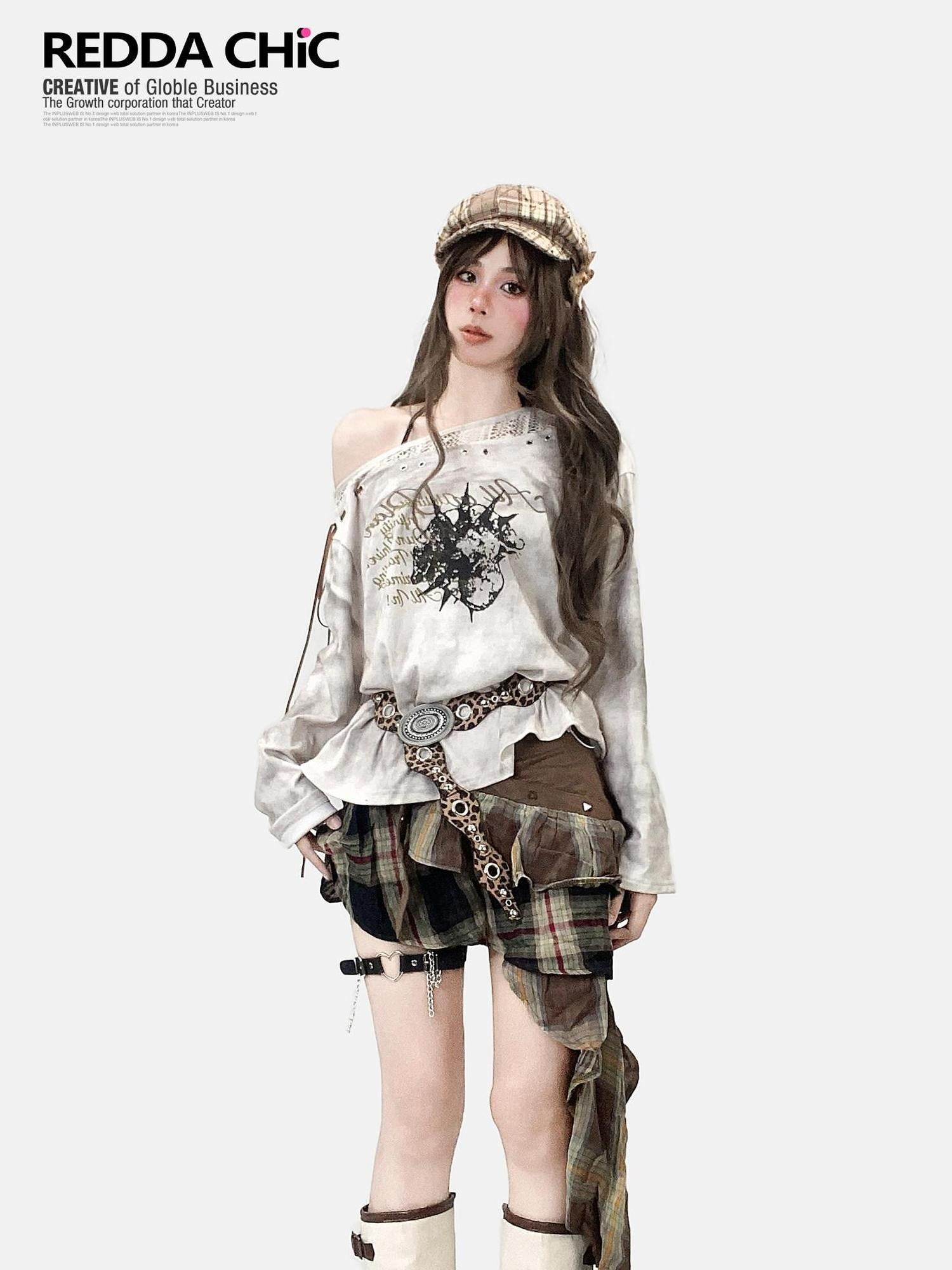 REDDACHIC Vintage Tie Dye Print Tie Detail Asymmetric Neckline Women'S Loose Long Sleeve T-Shirts