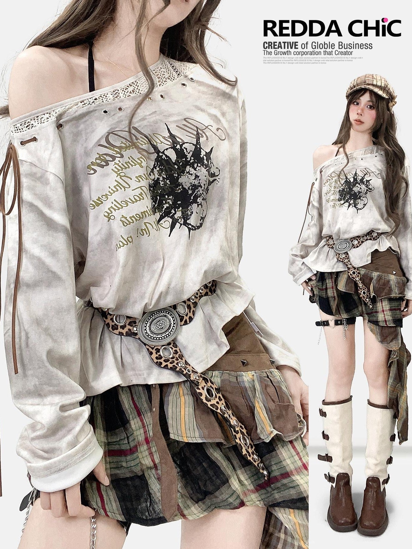 REDDACHIC Vintage Tie Dye Print Tie Detail Asymmetric Neckline Women'S Loose Long Sleeve T-Shirts