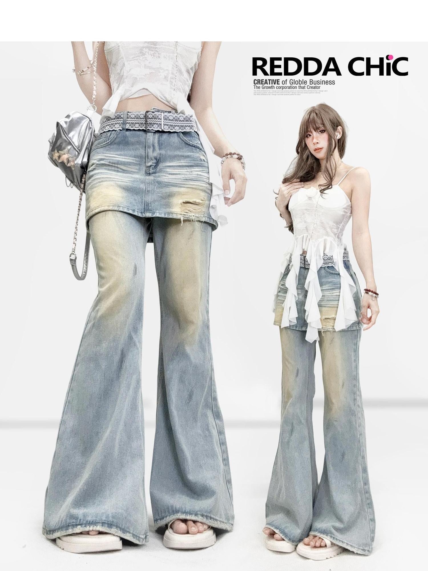 REDDACHIC Vintage Washed Distressed Faux Two Piece Rear Flap Women'S Denim Wide-Leg Jeans