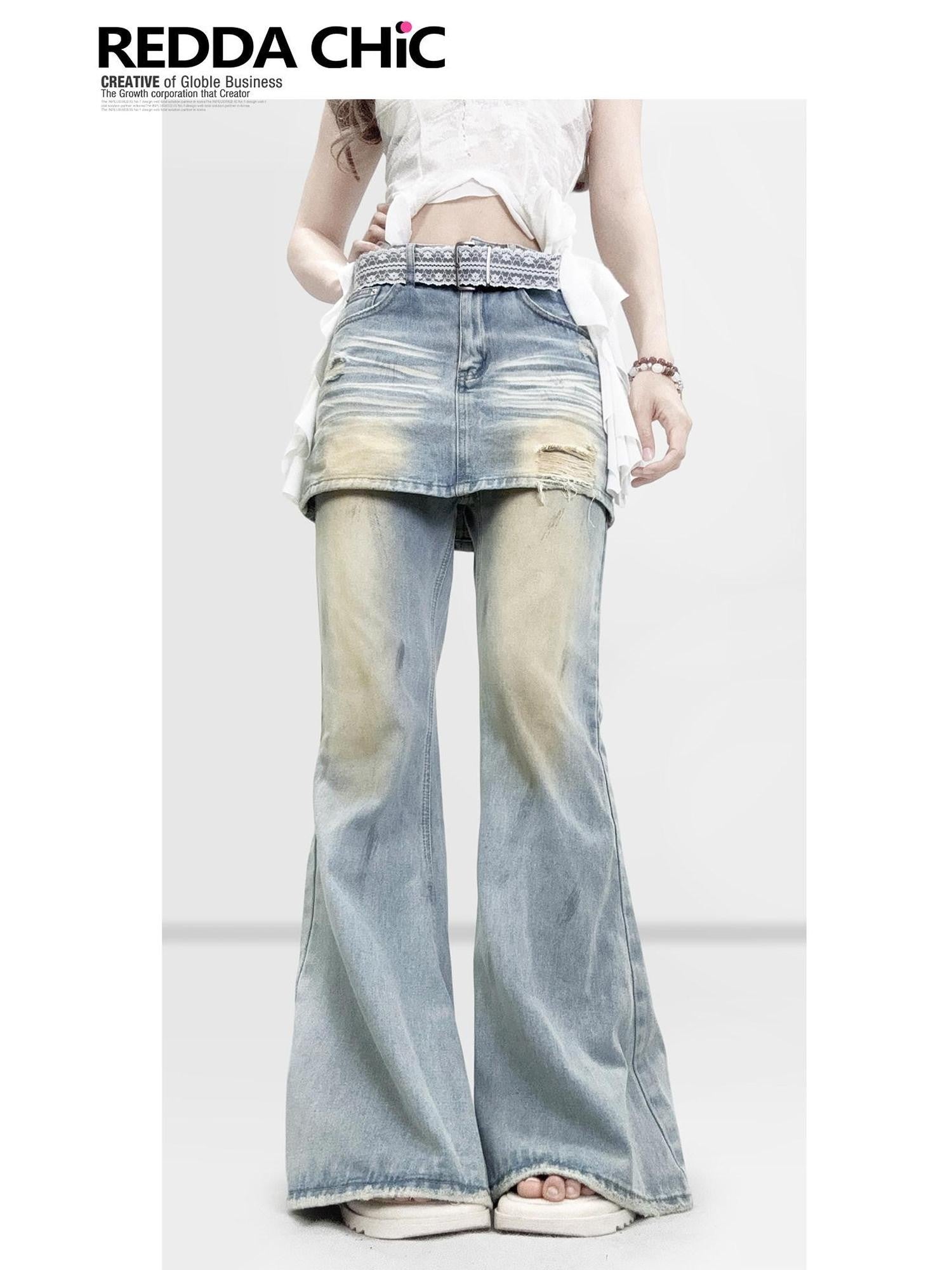 REDDACHIC Vintage Washed Distressed Faux Two Piece Rear Flap Women'S Denim Wide-Leg Jeans