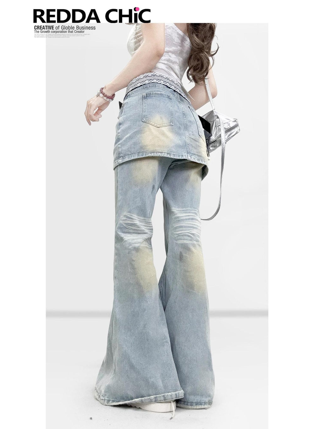 REDDACHIC Vintage Washed Distressed Faux Two Piece Rear Flap Women'S Denim Wide-Leg Jeans