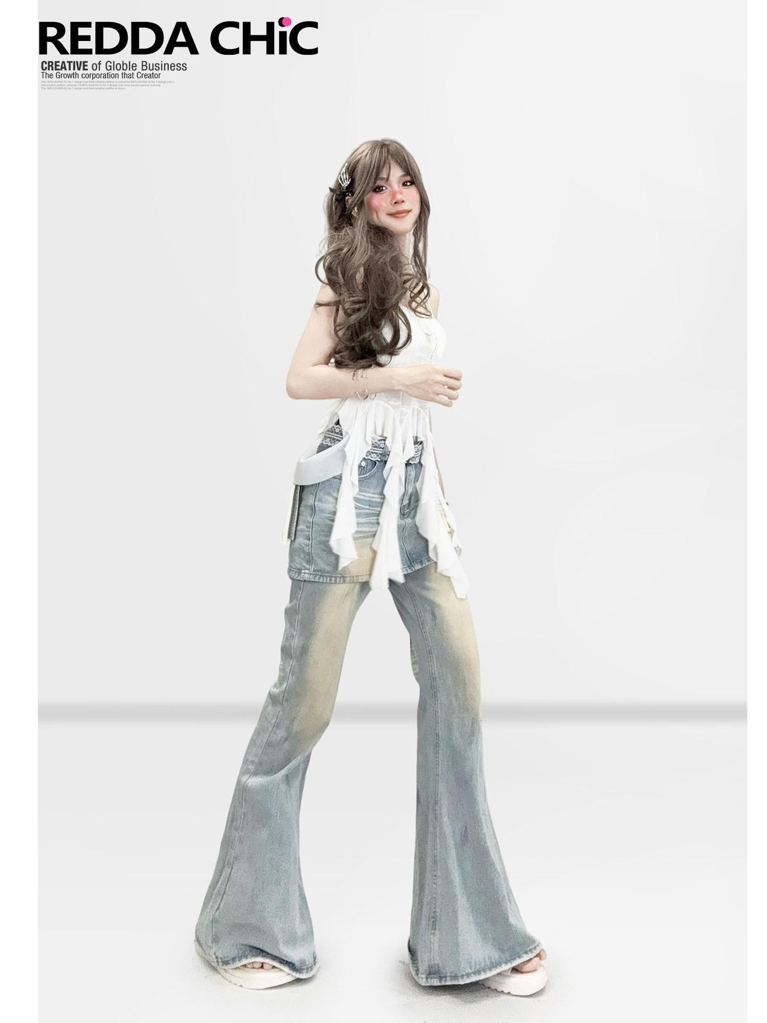 REDDACHIC Vintage Washed Distressed Faux Two Piece Rear Flap Women'S Denim Wide-Leg Jeans