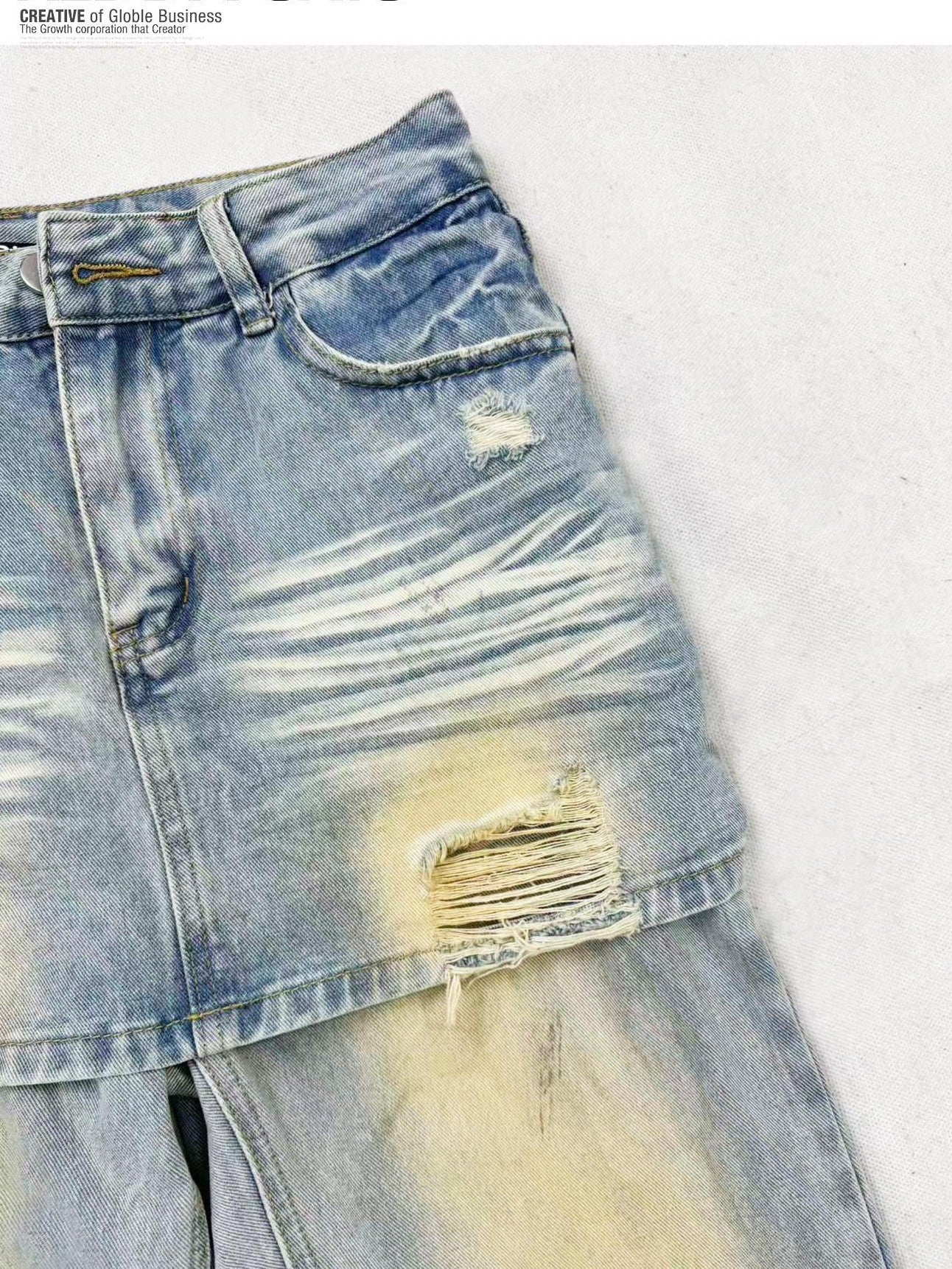 REDDACHIC Vintage Washed Distressed Faux Two Piece Rear Flap Women'S Denim Wide-Leg Jeans