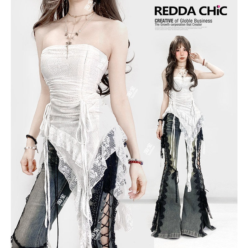 REDDACHIC_Vintage_White_Lace_Asymmetric_Ruffle_Cinched_Women'S_Strapless_Mini_Dresses_MISSTT
