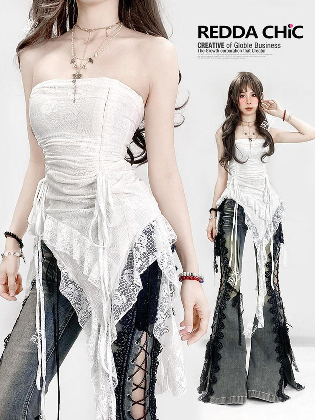 REDDACHIC Vintage White Lace Asymmetric Ruffle Cinched Women'S Strapless Mini Dresses