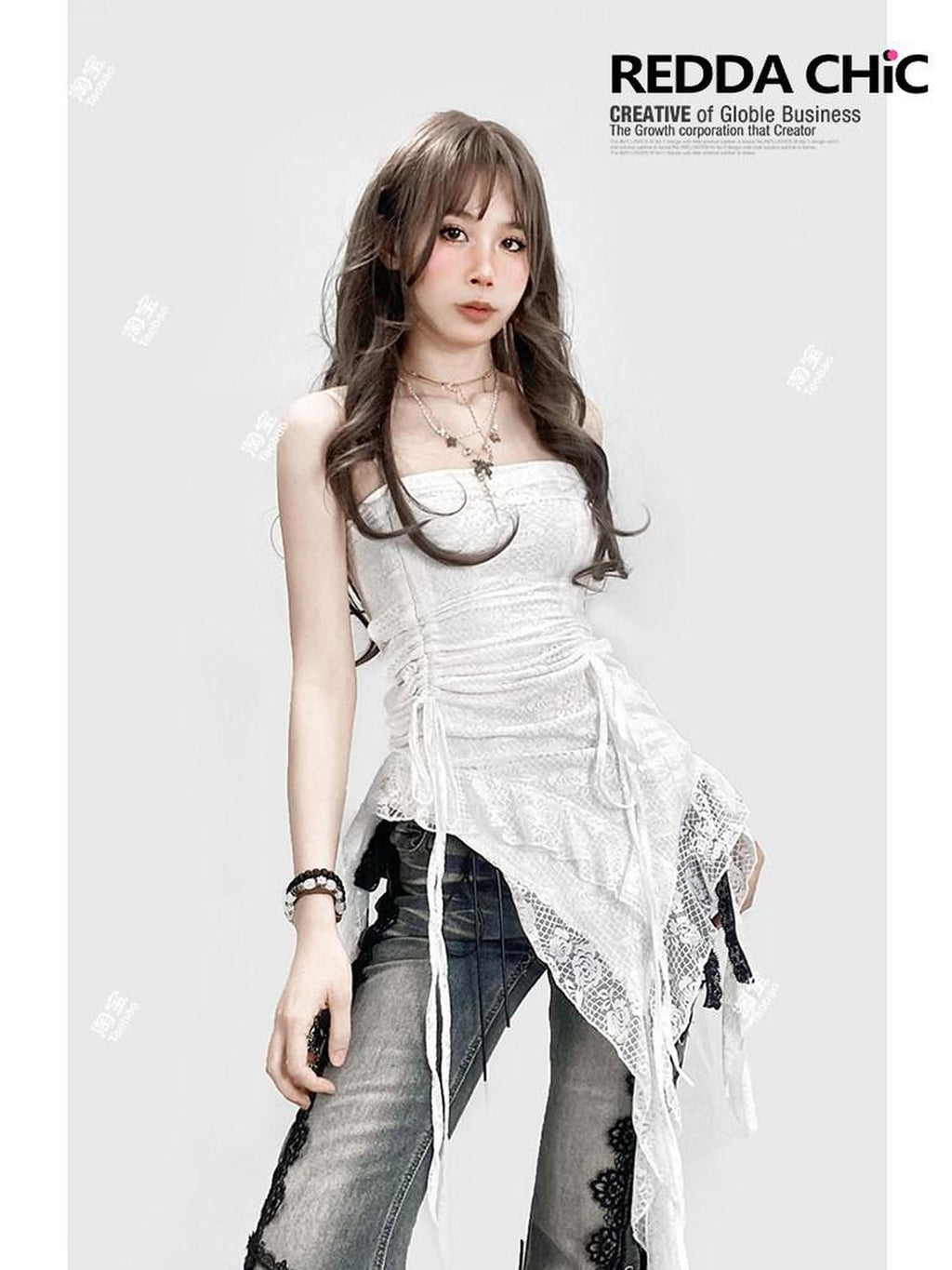 REDDACHIC Vintage White Lace Asymmetric Ruffle Cinched Women'S Strapless Mini Dresses