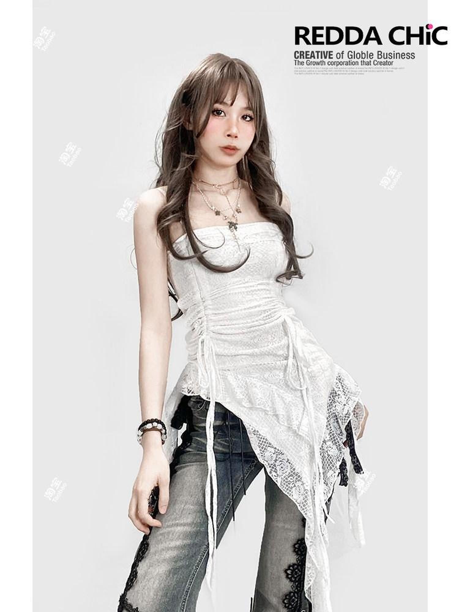 REDDACHIC Vintage White Lace Asymmetric Ruffle Cinched Women'S Strapless Mini Dresses