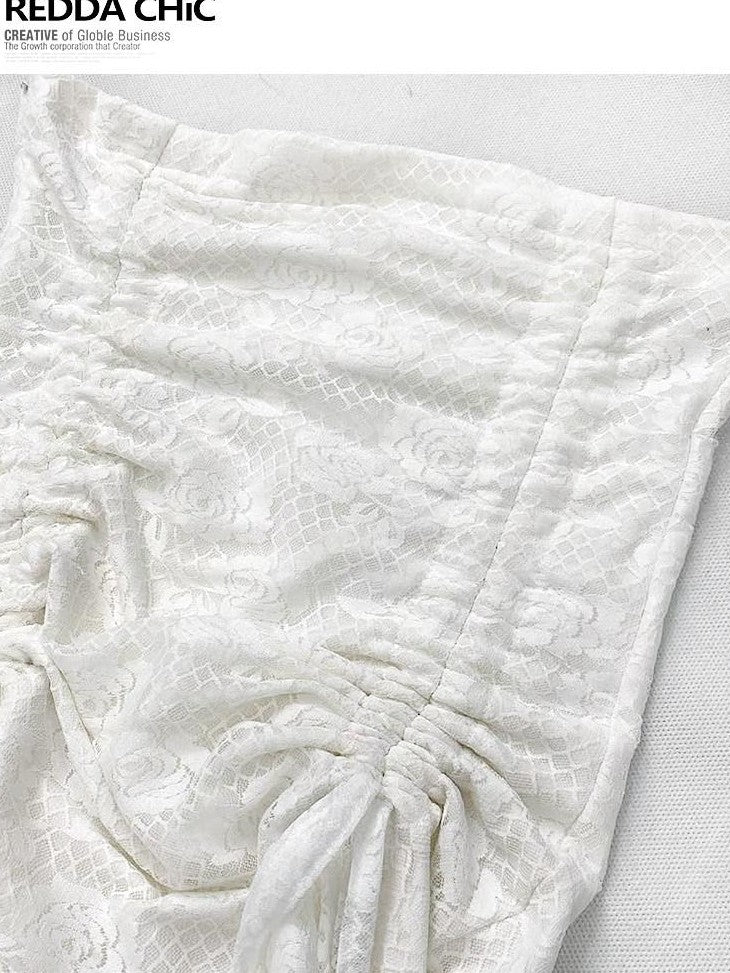 REDDACHIC Vintage White Lace Asymmetric Ruffle Cinched Women'S Strapless Mini Dresses
