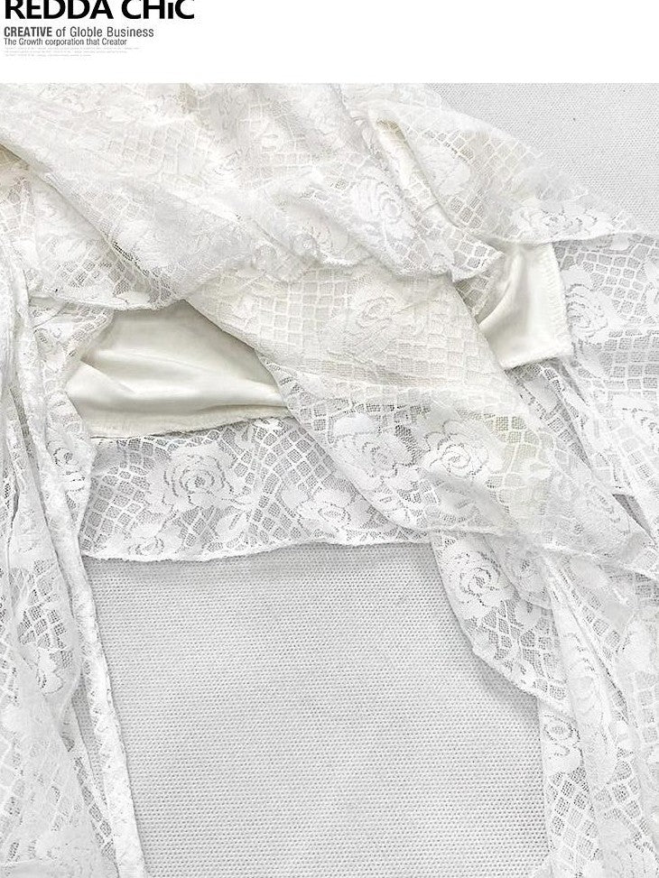 REDDACHIC Vintage White Lace Asymmetric Ruffle Cinched Women'S Strapless Mini Dresses