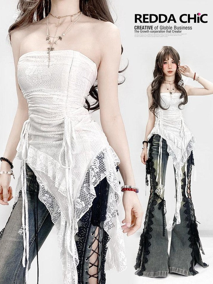 REDDACHIC Vintage White Lace Asymmetric Ruffle Cinched Women'S Strapless Mini Dresses