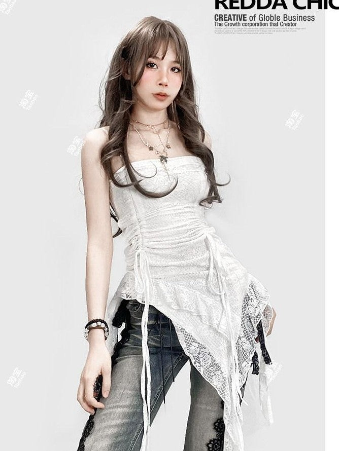 REDDACHIC Vintage White Lace Asymmetric Ruffle Cinched Women'S Strapless Mini Dresses