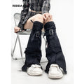 REDDACHIC_Washed_Black_Patchwork_Tie_Floor_Length_Ruched_Women'S_Denim_Leg_Warmers_MISSTT
