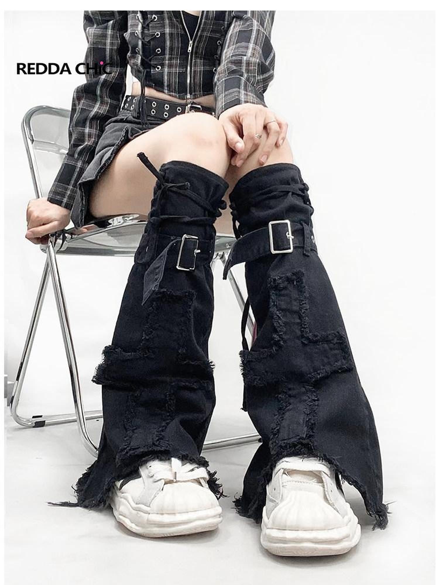 REDDACHIC Washed Black Patchwork Tie Floor Length Ruched Women'S Denim Leg Warmers