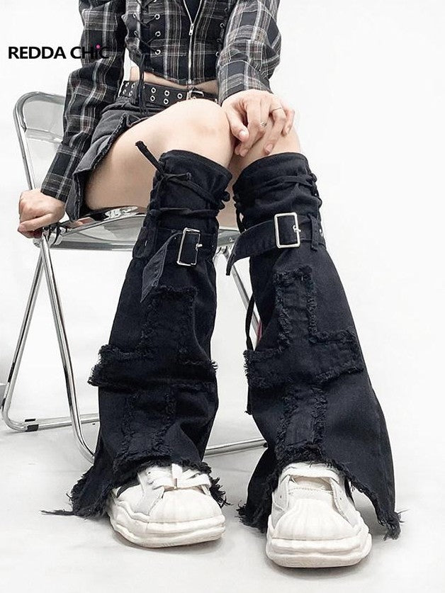 REDDACHIC Washed Black Patchwork Tie Floor Length Ruched Women'S Denim Leg Warmers