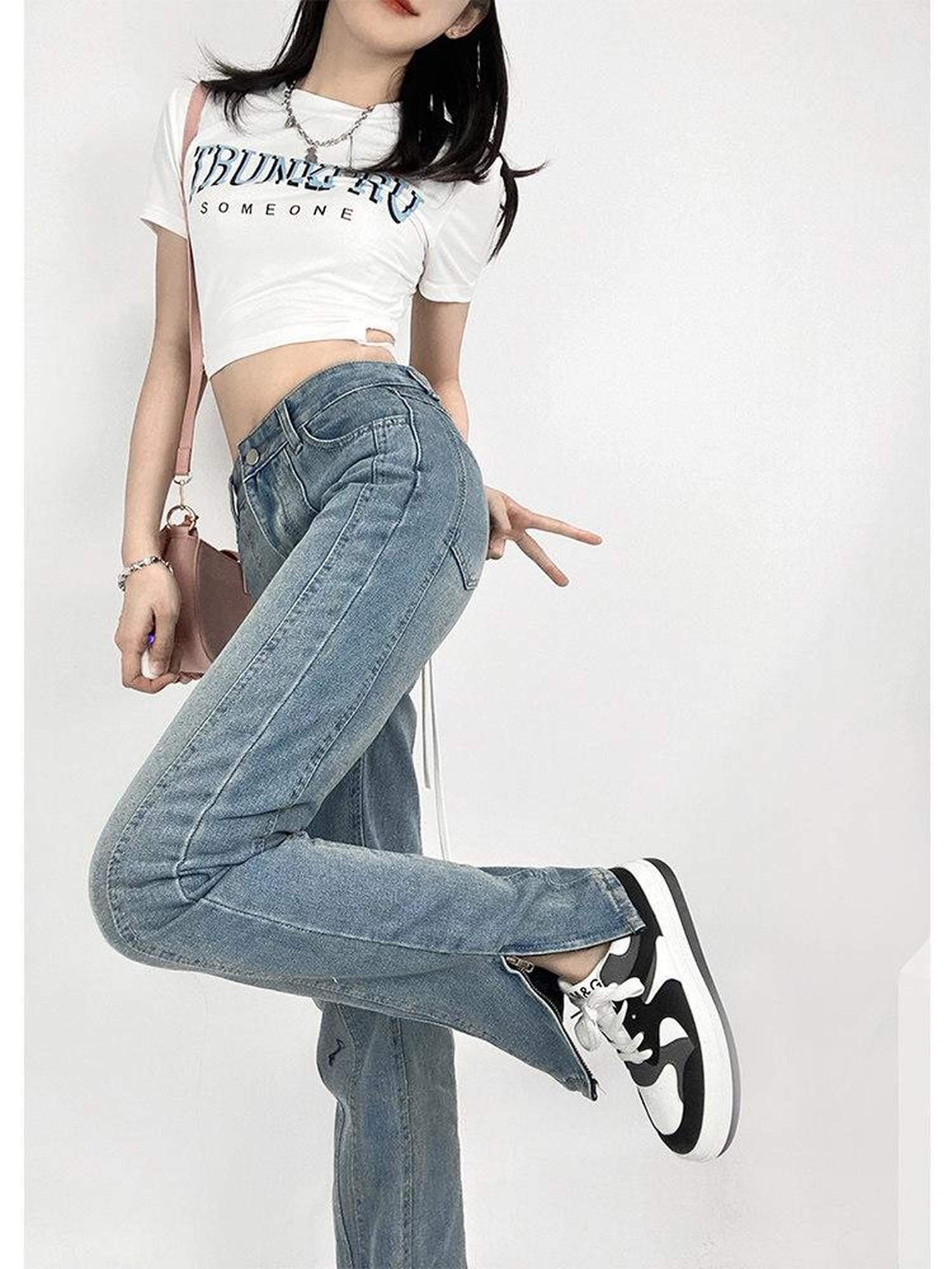 REDDACHIC Washed Distressed Side Slit Adjustable High Waist Women'S Denim Flare Jeans