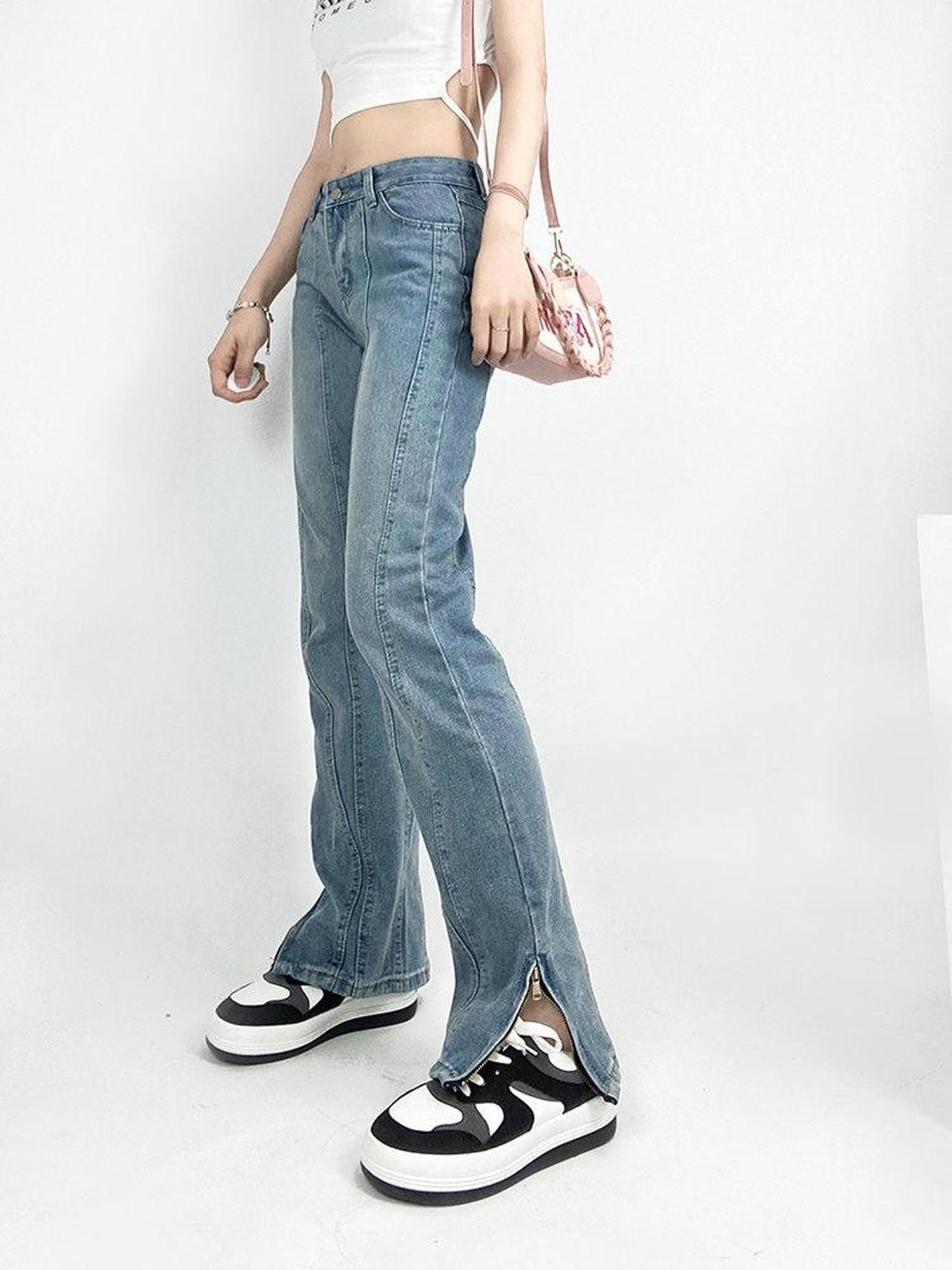 REDDACHIC Washed Distressed Side Slit Adjustable High Waist Women'S Denim Flare Jeans