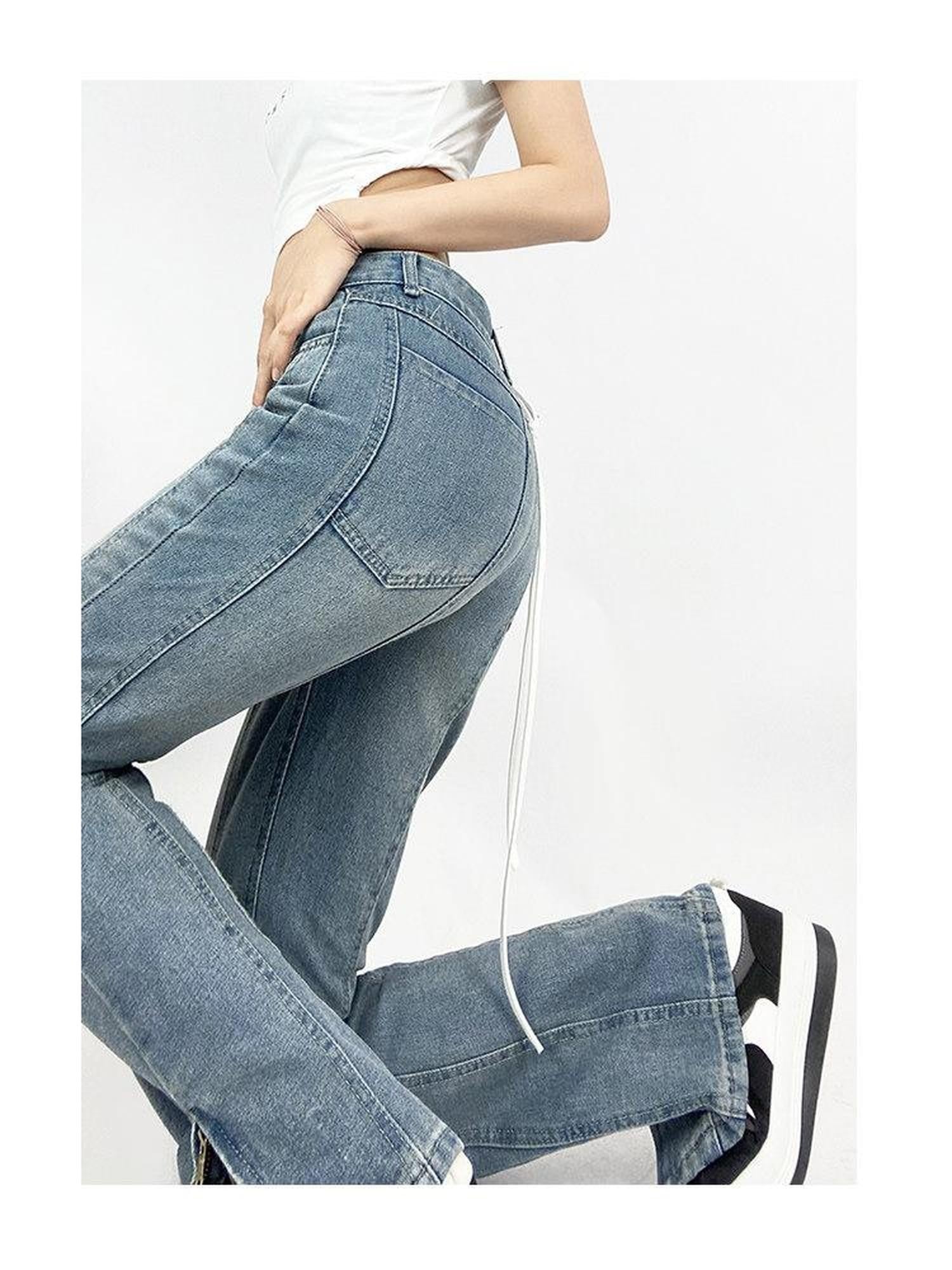 REDDACHIC Washed Distressed Side Slit Adjustable High Waist Women'S Denim Flare Jeans