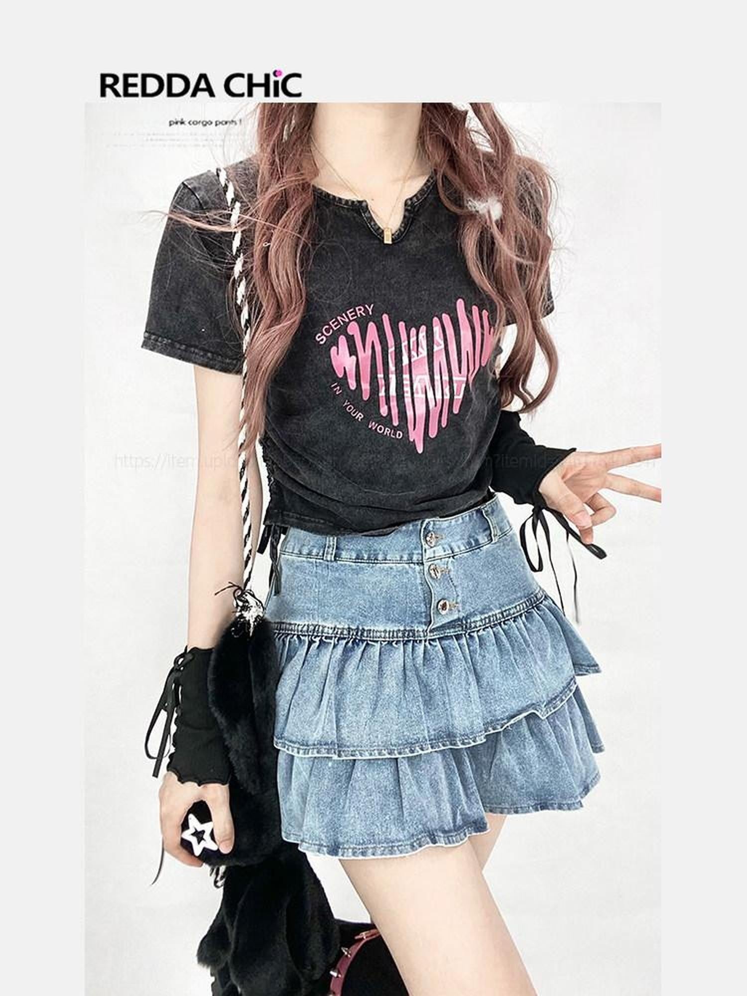 REDDACHIC Washed Heart Print Side Drawstring Cropped Women'S Cotton Short Sleeve T-Shirts