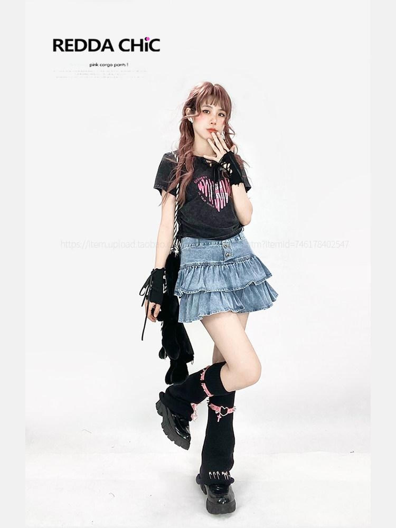 REDDACHIC Washed Heart Print Side Drawstring Cropped Women'S Cotton Short Sleeve T-Shirts