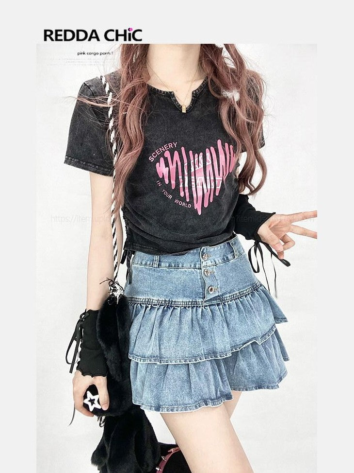 REDDACHIC Washed Heart Print Side Drawstring Cropped Women'S Cotton Short Sleeve T-Shirts
