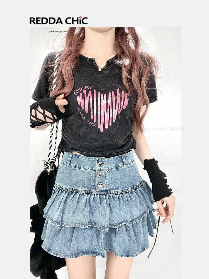 REDDACHIC Washed Heart Print Side Drawstring Cropped Women'S Cotton Short Sleeve T-Shirts