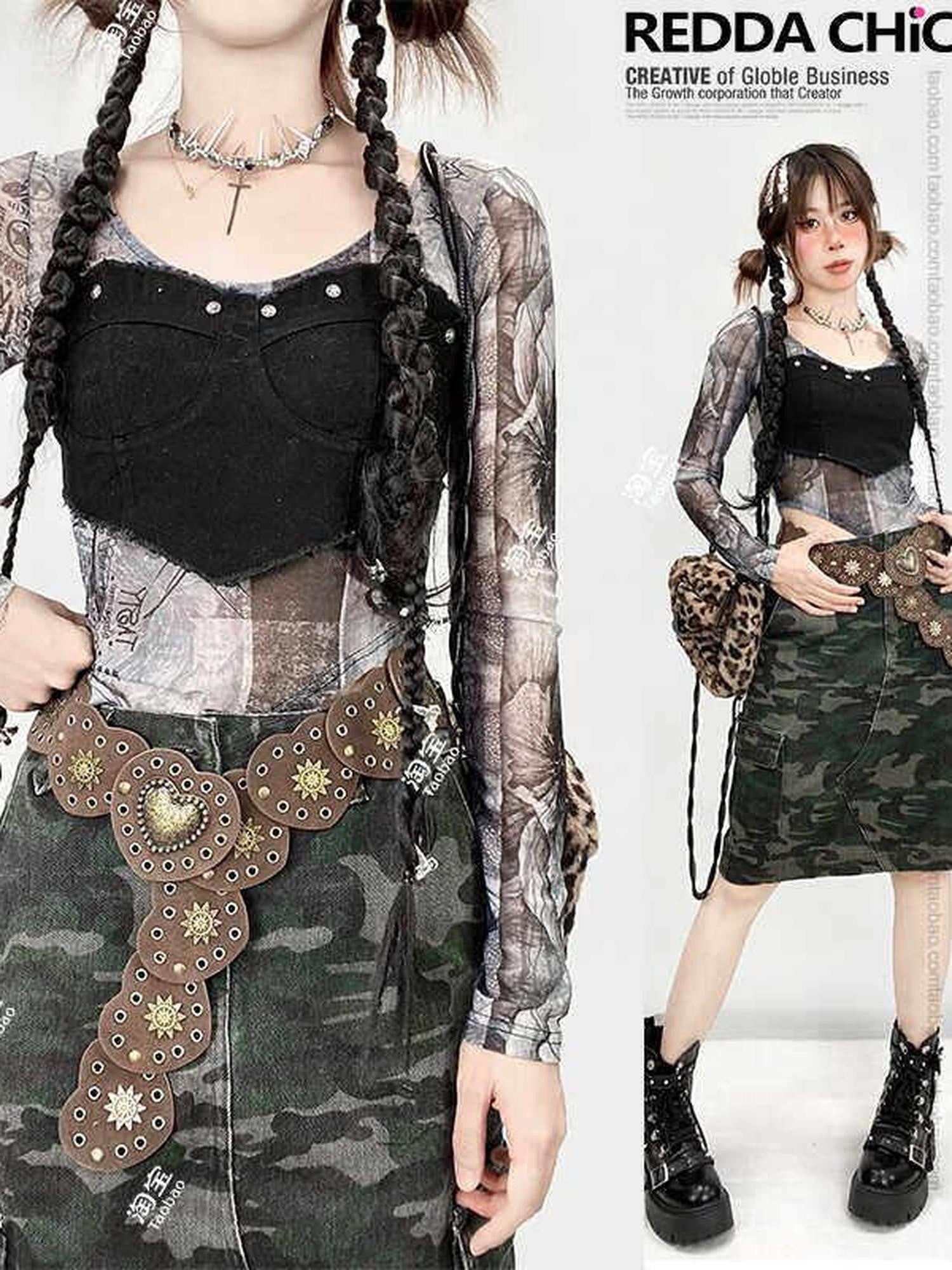 REDDACHIC Wasteland Denim Heart Metal Rivet Studded Wide Women'S Leather Belts