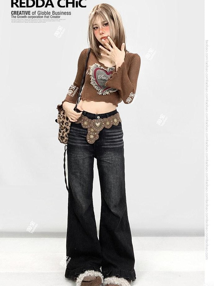 REDDACHIC Wasteland Denim Heart Metal Rivet Studded Wide Women'S Leather Belts