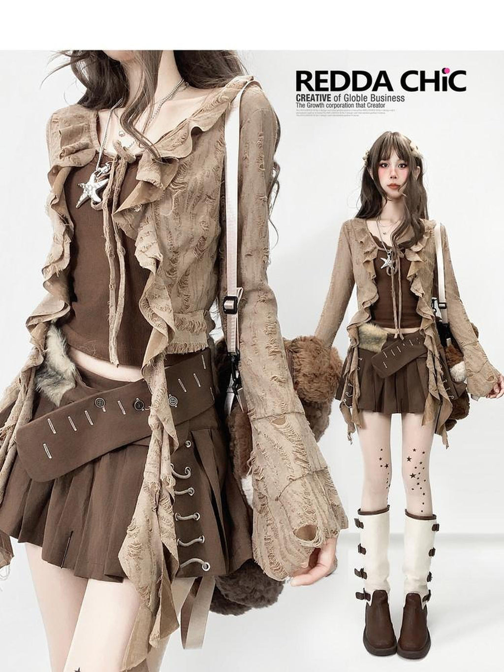 REDDACHIC Wasteland Ruffle Ripped Asymmetric Padded Cropped Zippered Women'S Blouses