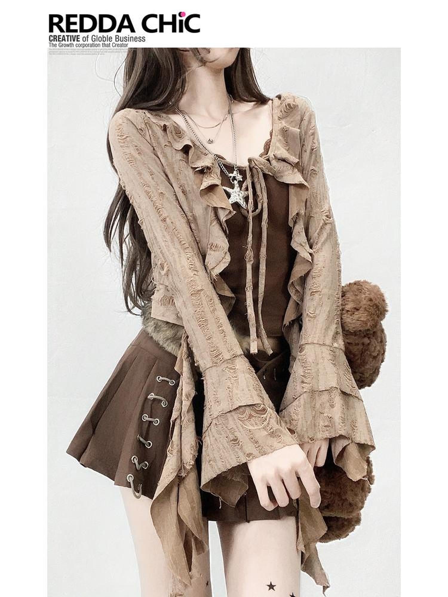 REDDACHIC Wasteland Ruffle Ripped Asymmetric Padded Cropped Zippered Women'S Blouses