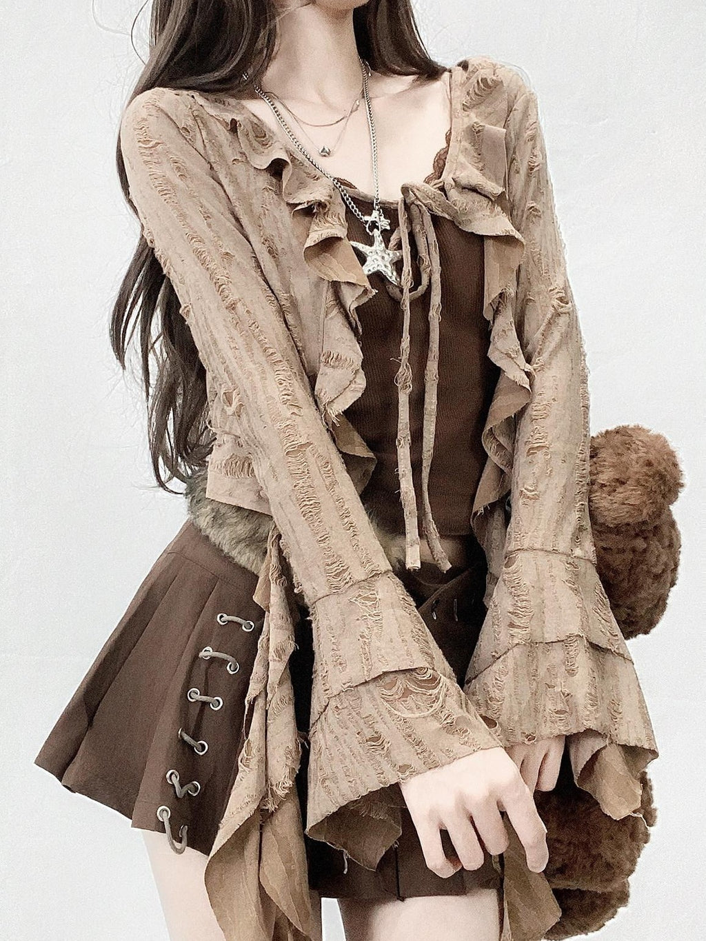 REDDACHIC Wasteland Ruffle Ripped Asymmetric Padded Cropped Zippered Women'S Blouses