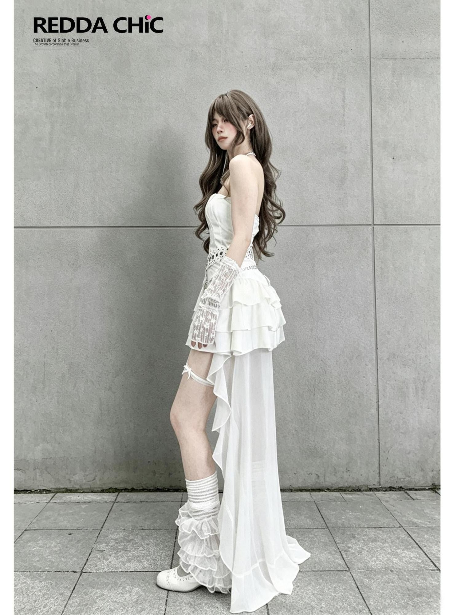 REDDACHIC White Asymmetric Train Waist Cinched Slim Women'S Strapless Maxi Dresses