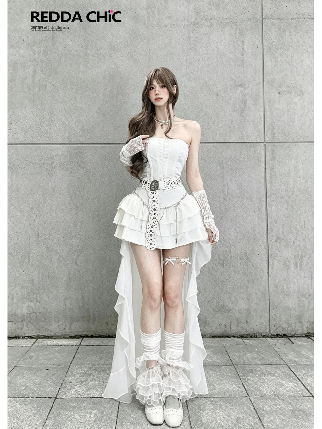 REDDACHIC White Asymmetric Train Waist Cinched Slim Women'S Strapless Maxi Dresses