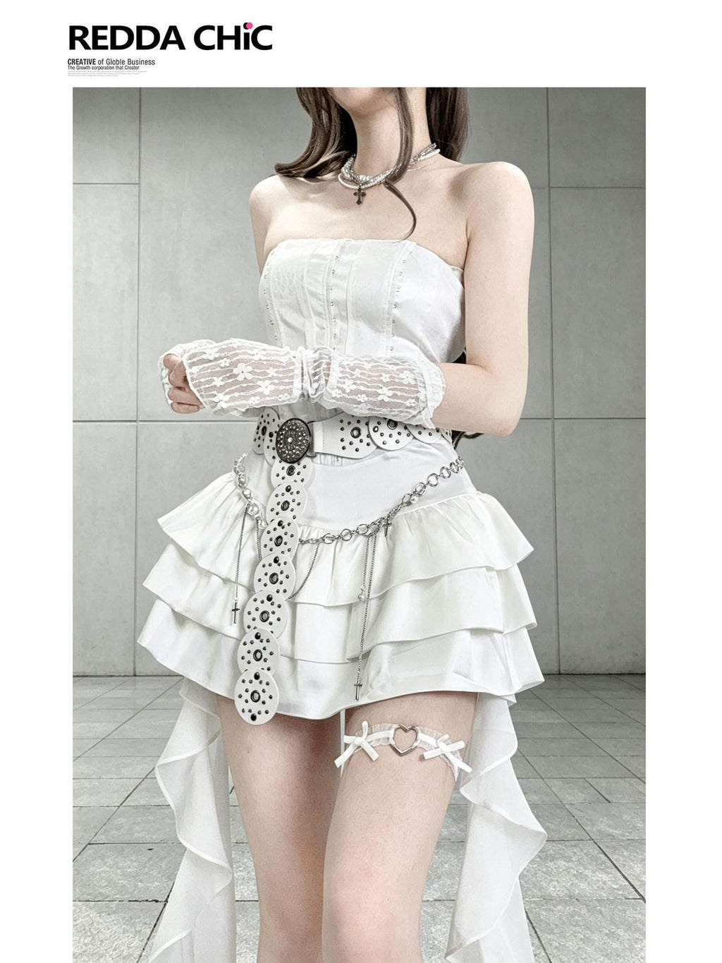 REDDACHIC White Asymmetric Train Waist Cinched Slim Women'S Strapless Maxi Dresses