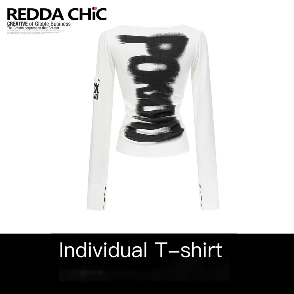 REDDACHIC_White_Black_Letter_Print_Cinched_Waist_Gothic_Slim_Women'S_Long_Sleeve_T-Shirts_MISSTT