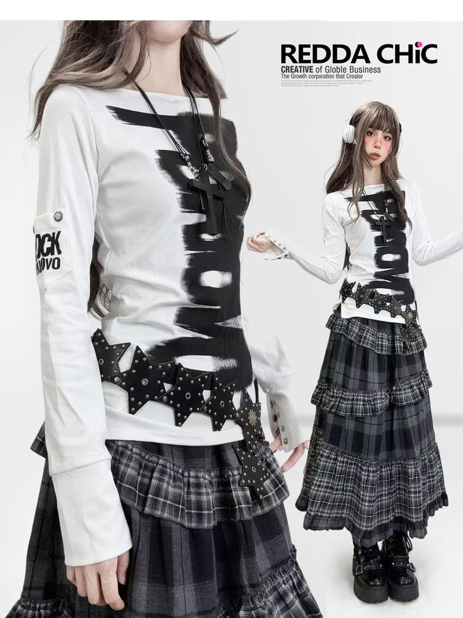 REDDACHIC White Black Letter Print Cinched Waist Gothic Slim Women'S Long Sleeve T-Shirts