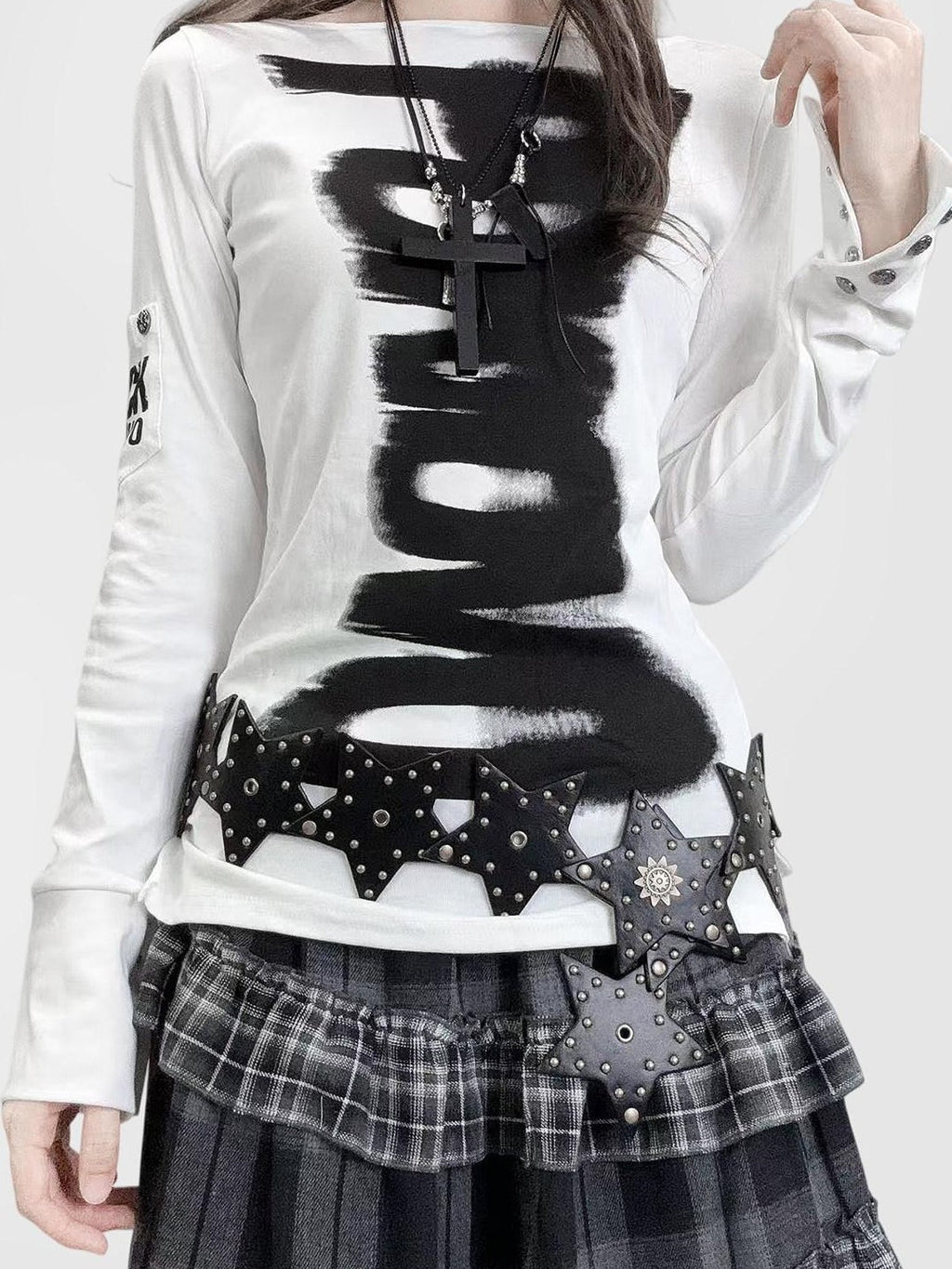 REDDACHIC White Black Letter Print Cinched Waist Gothic Slim Women'S Long Sleeve T-Shirts