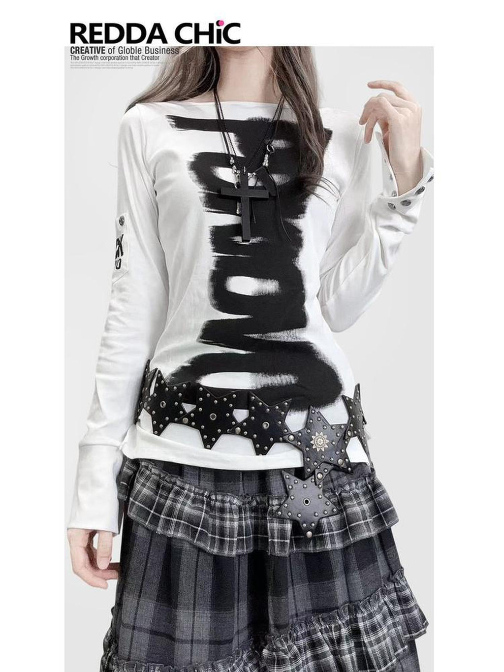 REDDACHIC White Black Letter Print Cinched Waist Gothic Slim Women'S Long Sleeve T-Shirts