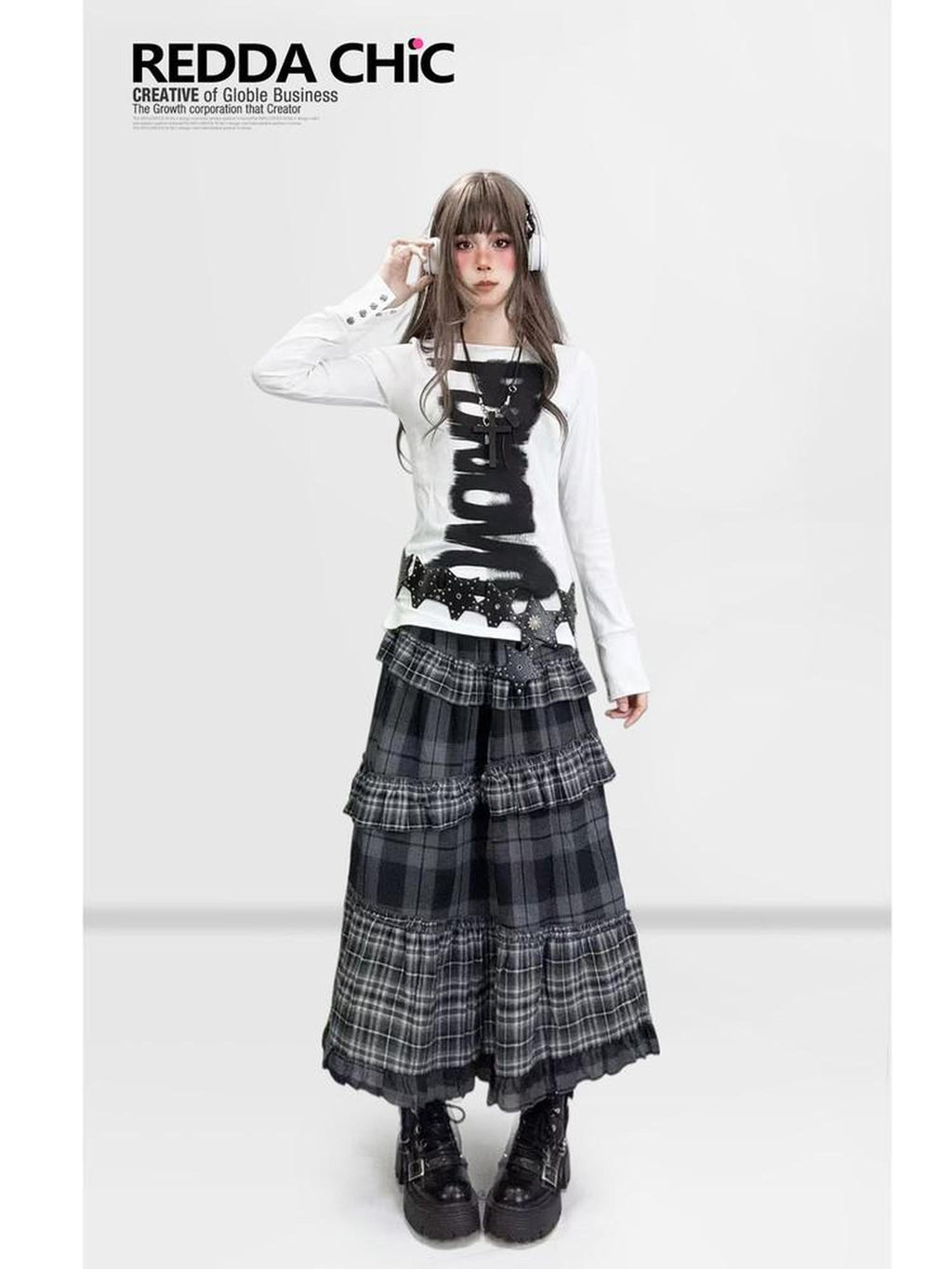 REDDACHIC White Black Letter Print Cinched Waist Gothic Slim Women'S Long Sleeve T-Shirts