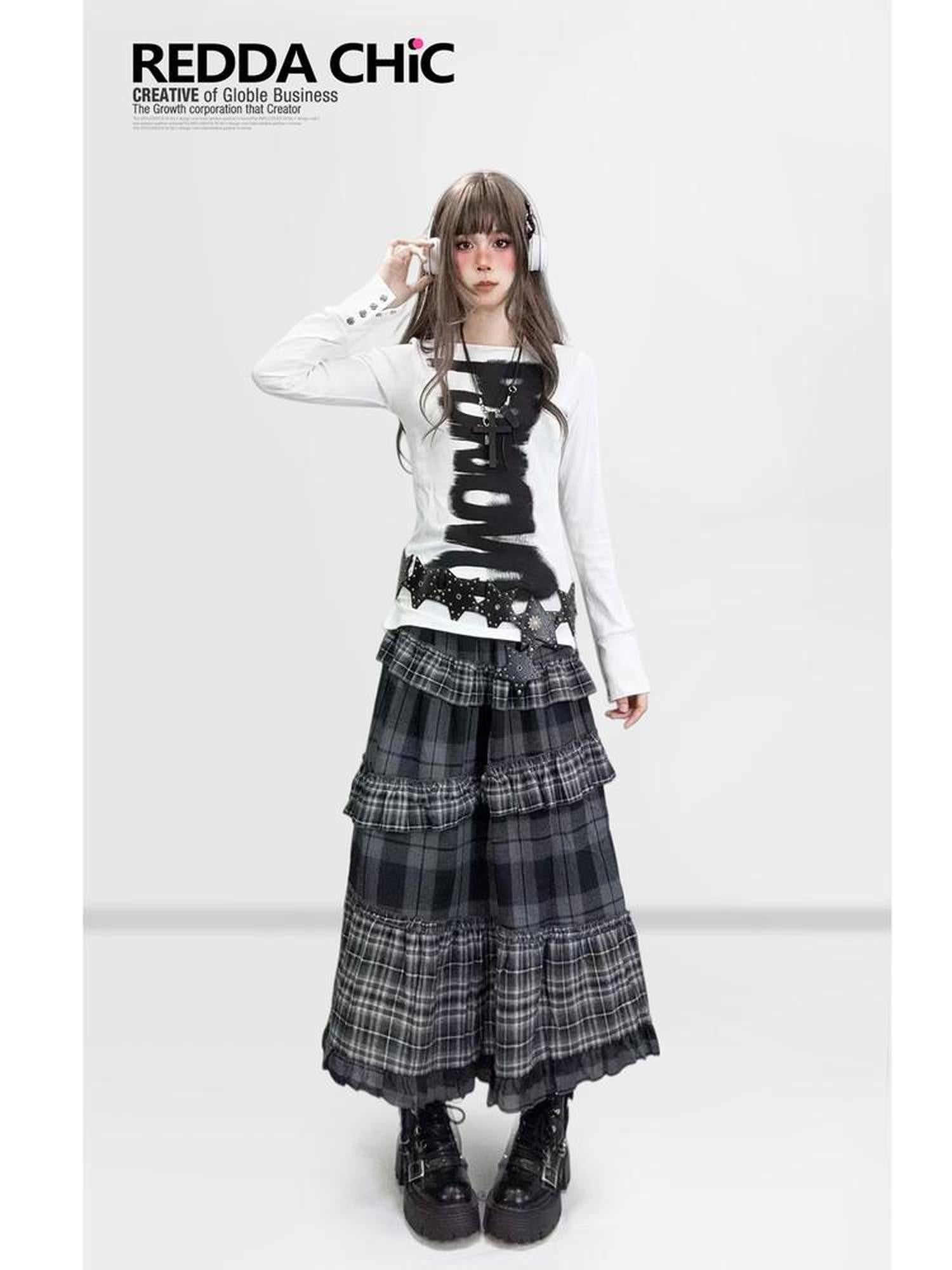REDDACHIC White Black Letter Print Cinched Waist Gothic Slim Women'S Long Sleeve T-Shirts