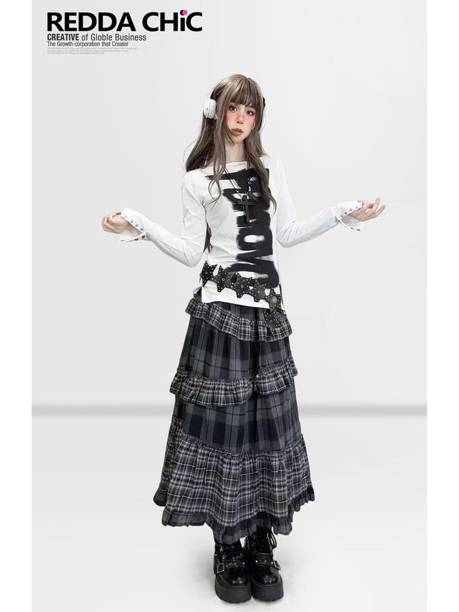 REDDACHIC White Black Letter Print Cinched Waist Gothic Slim Women'S Long Sleeve T-Shirts