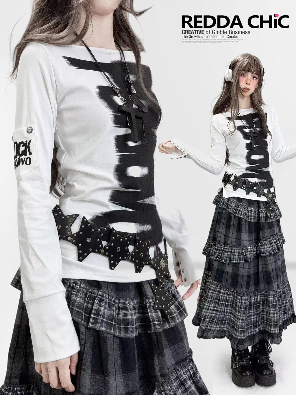 REDDACHIC White Black Letter Print Cinched Waist Gothic Slim Women'S Long Sleeve T-Shirts