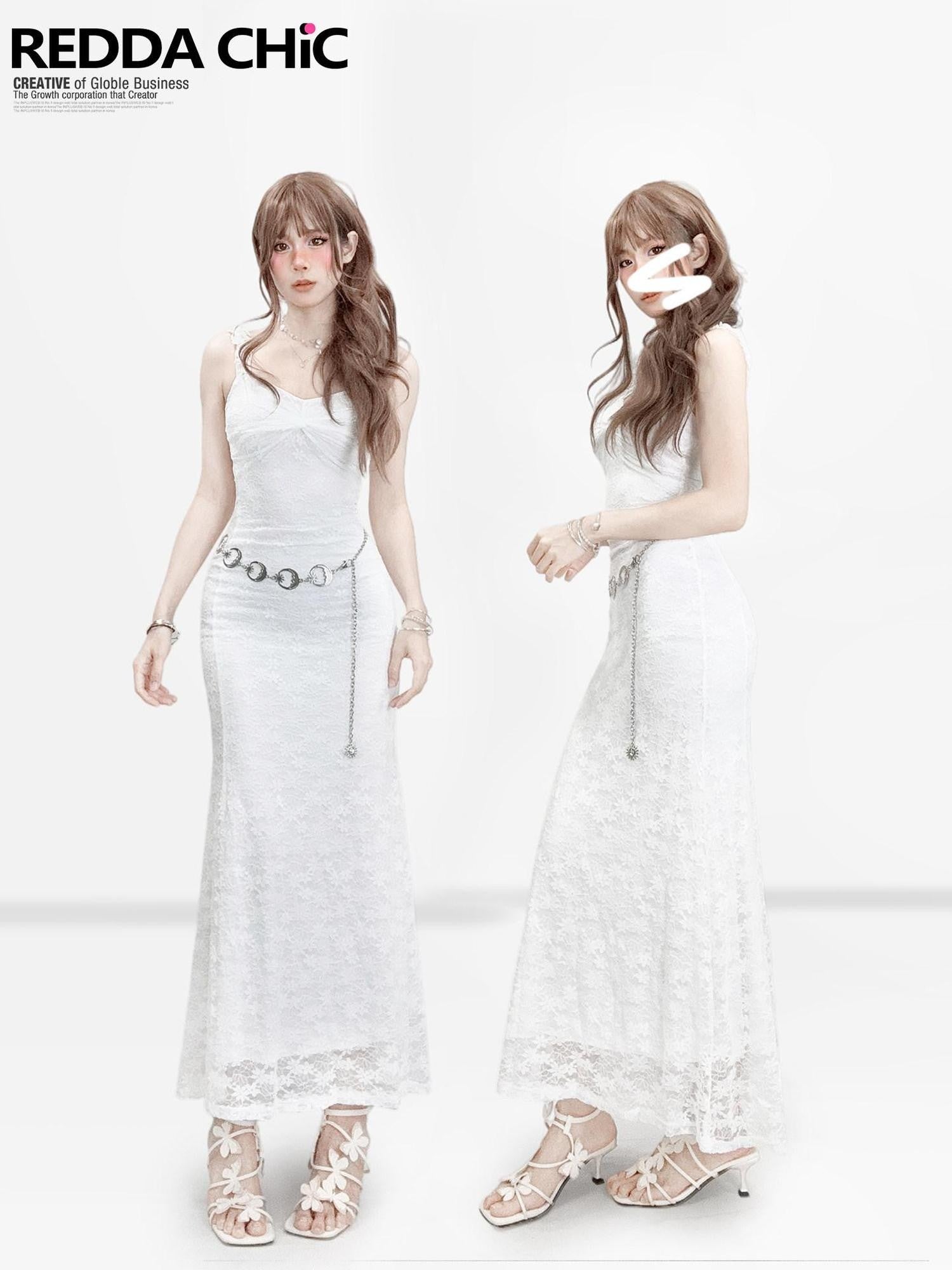 REDDACHIC White French Strappy Lace Waist Cinch Bodycon Women'S Maxi Dresses