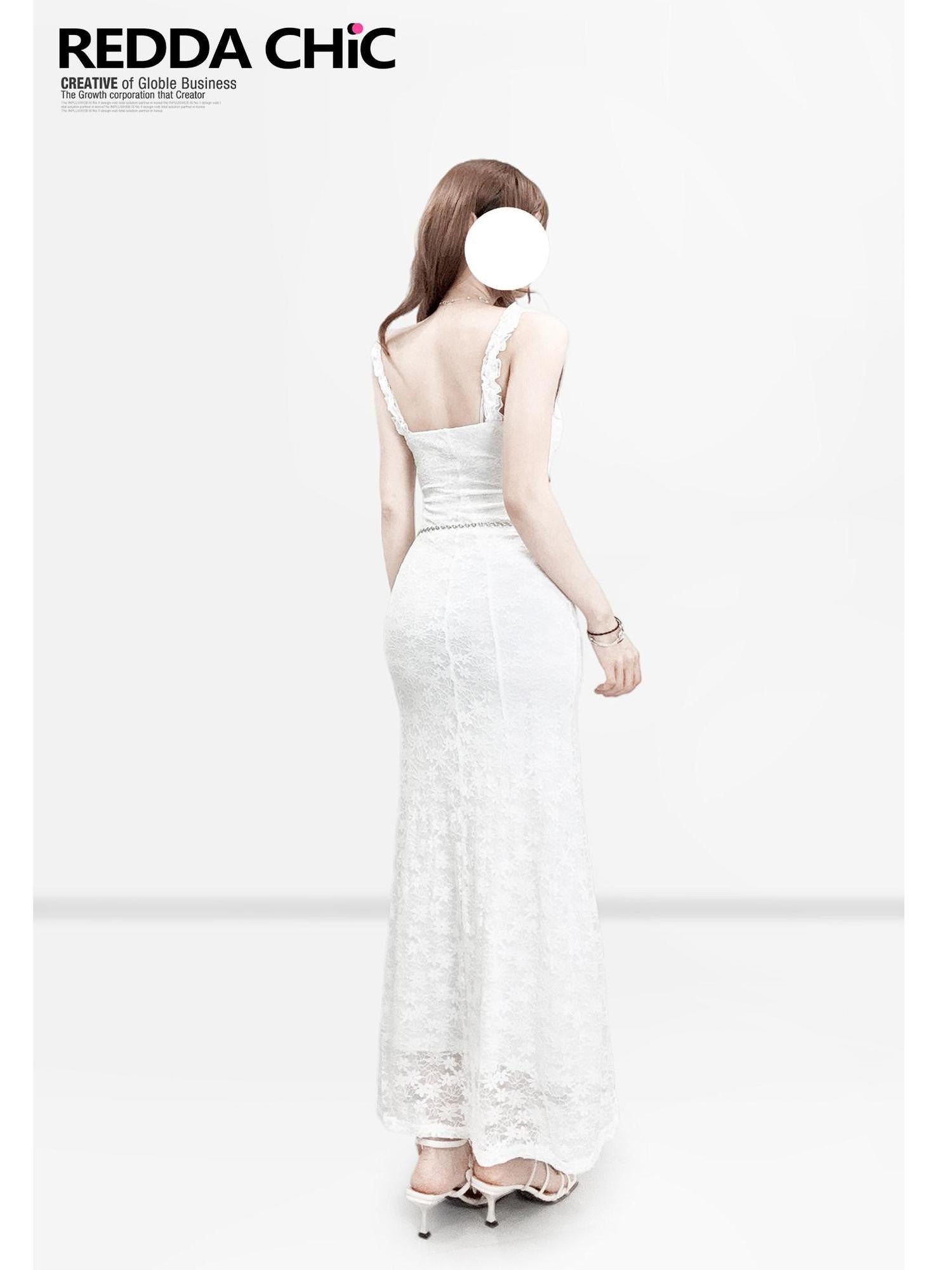 REDDACHIC White French Strappy Lace Waist Cinch Bodycon Women'S Maxi Dresses