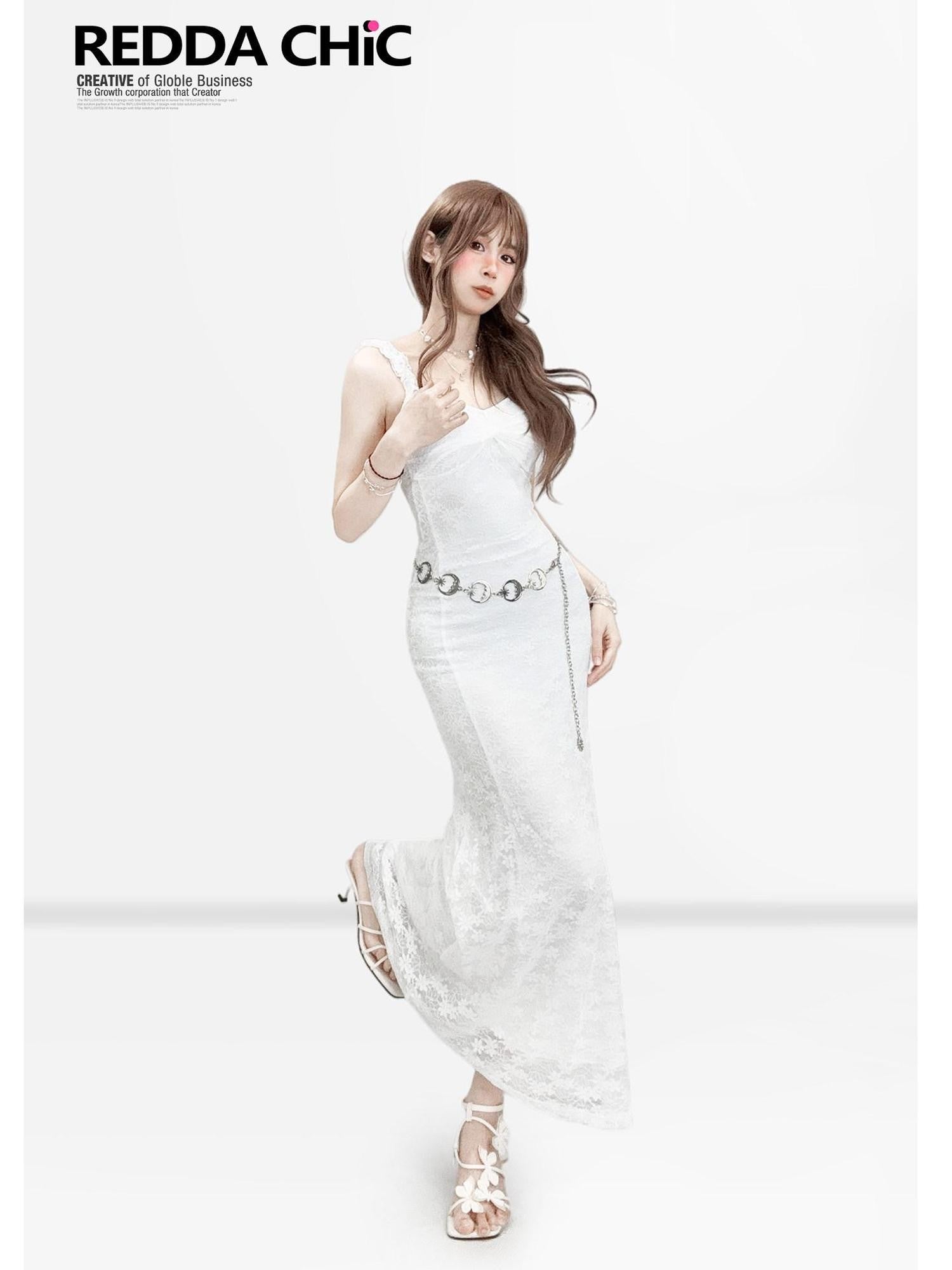 REDDACHIC White French Strappy Lace Waist Cinch Bodycon Women'S Maxi Dresses