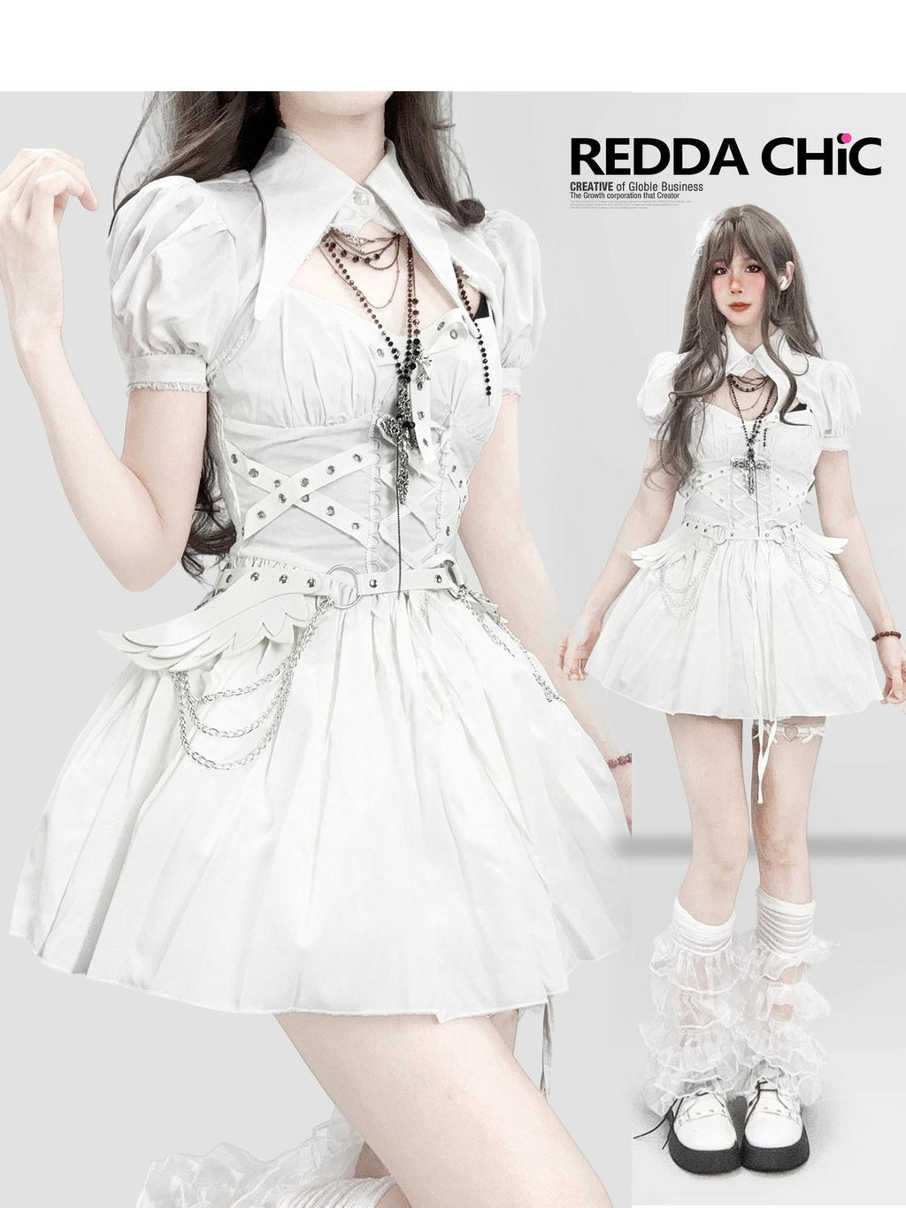 REDDACHIC White Gothic Puff Sleeve Cinched Waist Shawl Camisole Women'S Mini Dresses